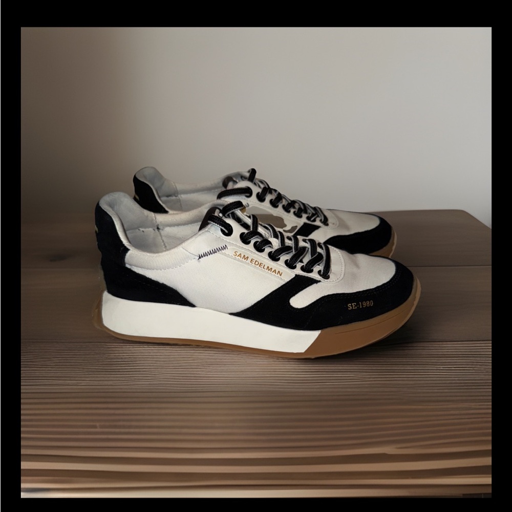 SAM EDELMAN Women’s Black and White Sneakers with Tan Sole-Sz 7M